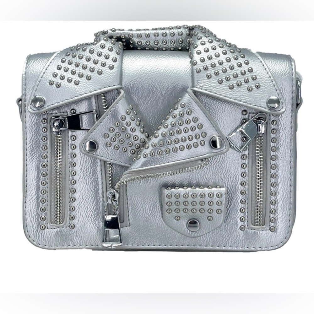 SILVER STUDDED FAUX LEATHER NOVELTY JACKET CROSSBODY BAG